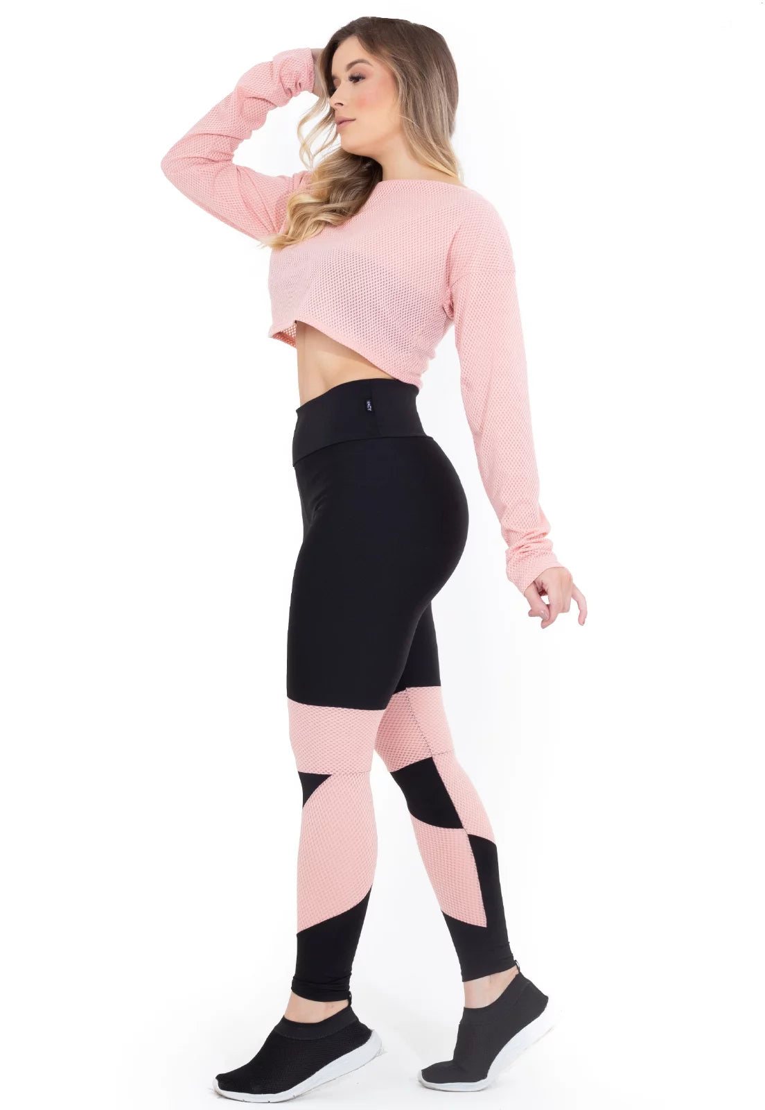 305128-2 Conjunto Metamorfose Cropped Em Tela + Calça Legging Com Detalhe Rosê - Velure Couture